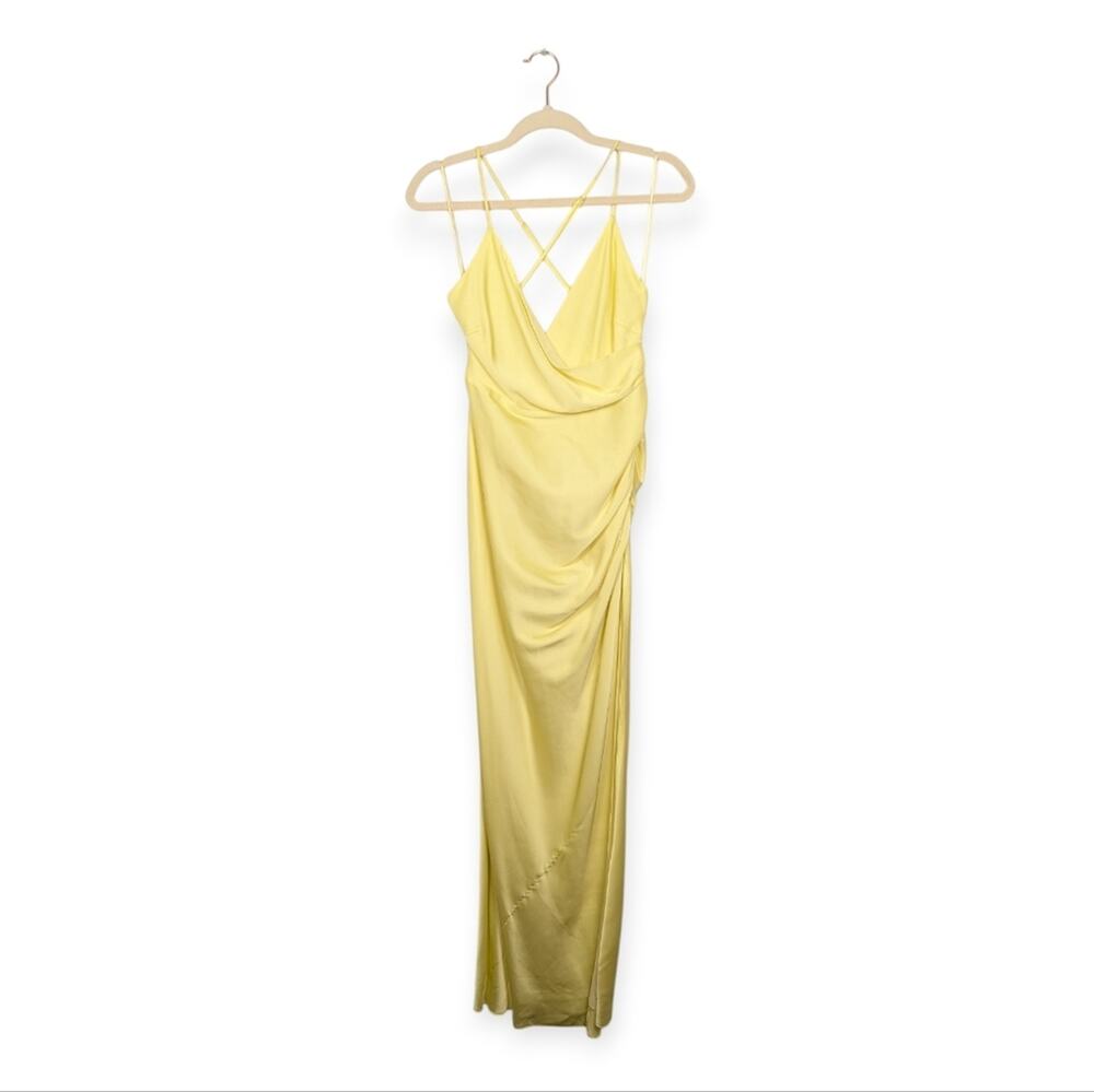 ASTR The Label Maxi Dress S Yellow Satin Draped Crisscross Back Evening Elegant